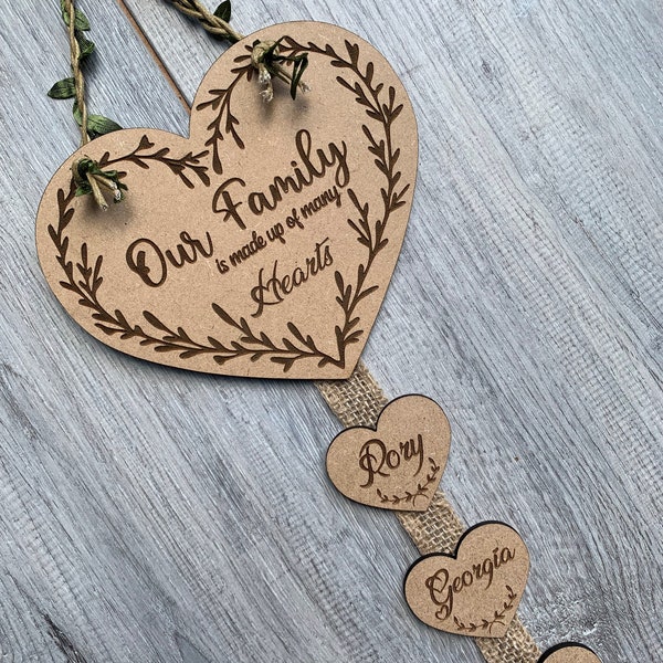 Personalised engraved wooden family heart plaque sign wall hanging gift