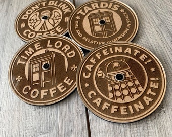 Engraved doctor who coaster set wood acrylic coffee gift tardis darlek