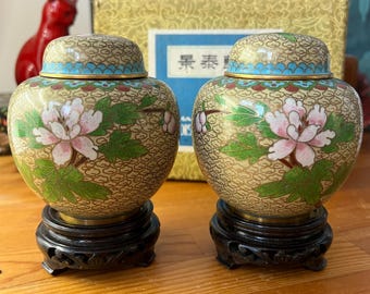 Jarrones vintage de cloisonné con diseño floral de pájaros y caja original.