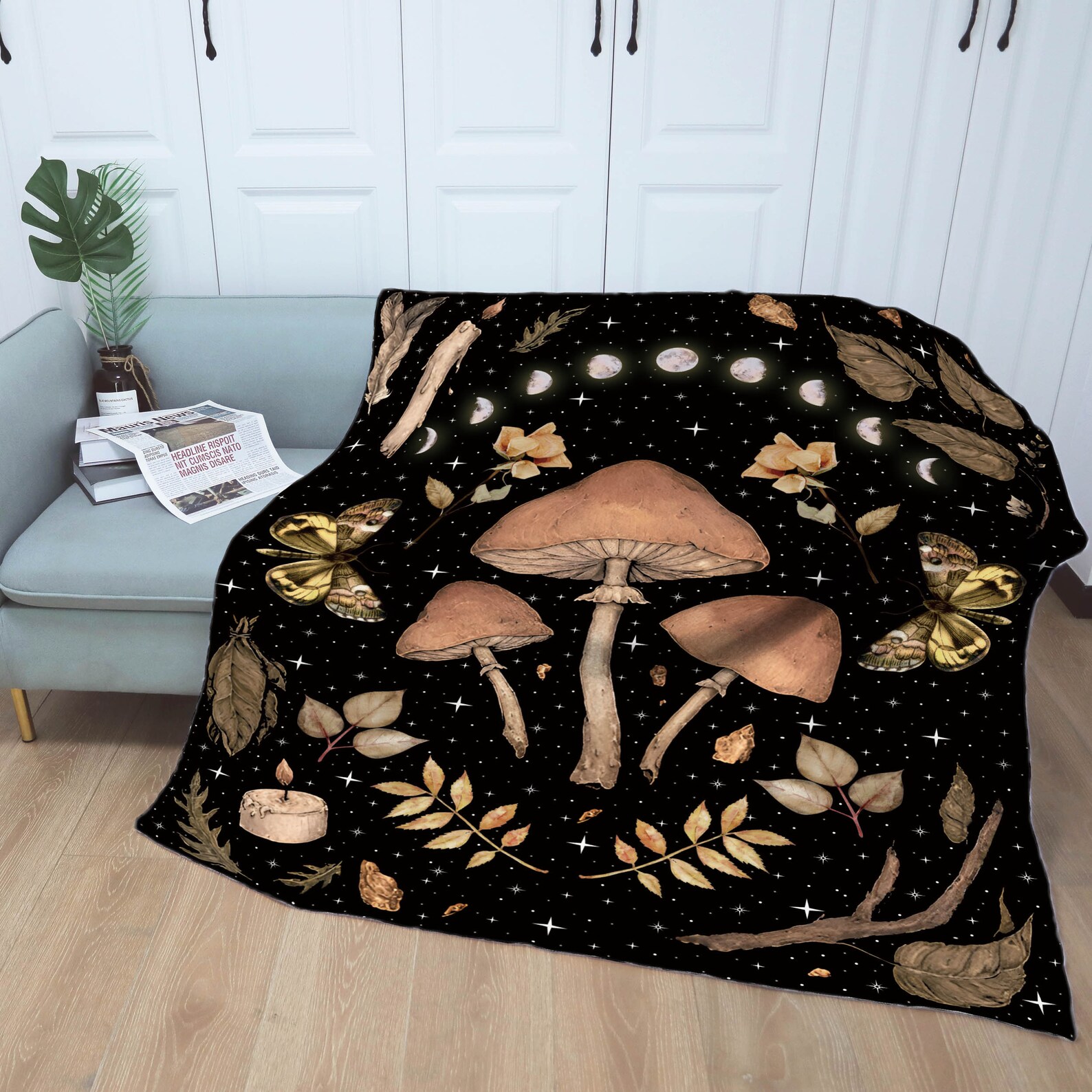 Mushroom Fleece/sherpa Blanket Moon Phase Throw Blanket to Etsy