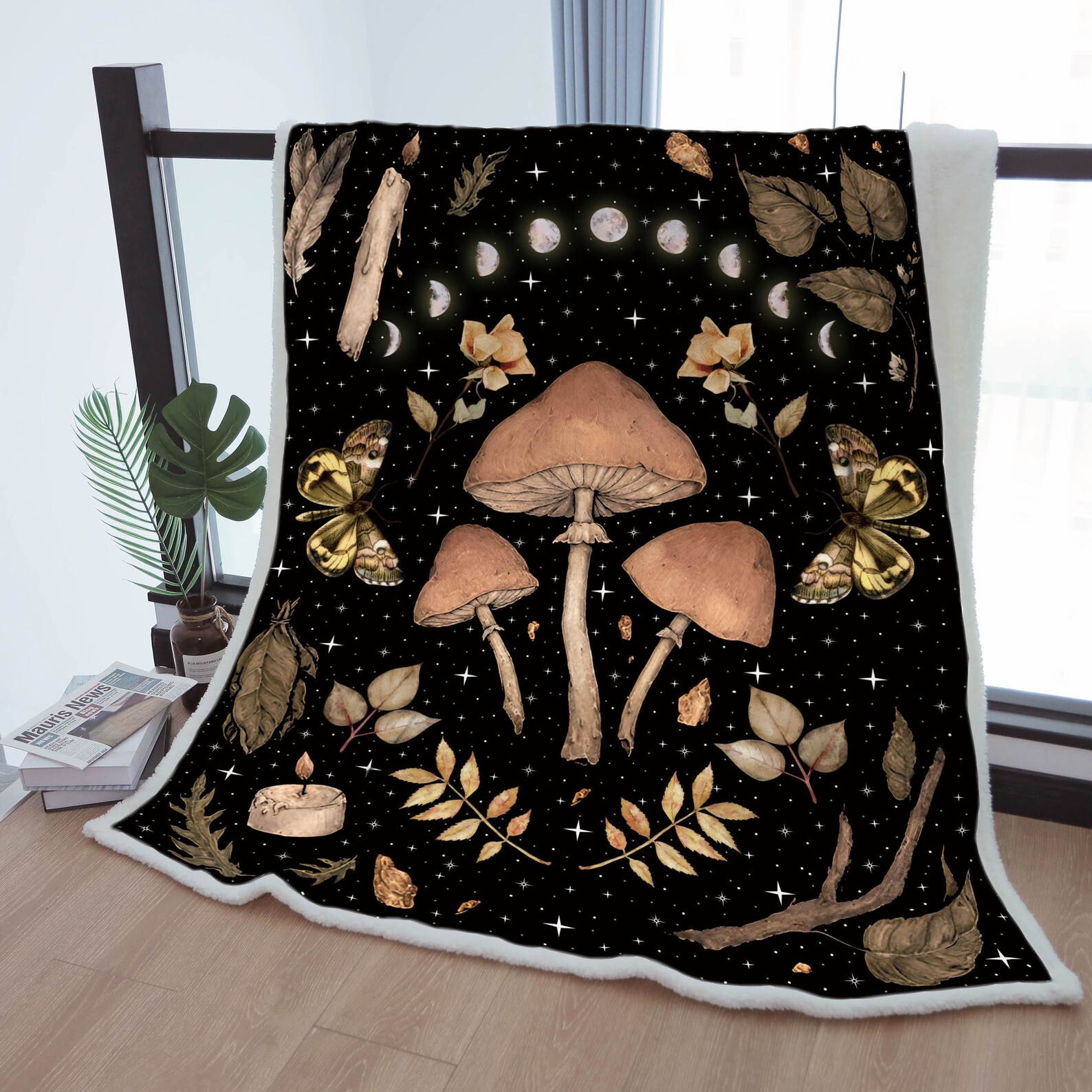 Mushroom Fleece/sherpa Blanket Moon Phase Throw Blanket to Etsy