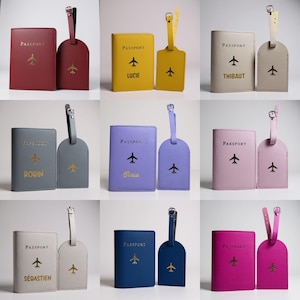 May include: A selection of passport holders and luggage tags in colours such as red, yellow, grey, and pink. Each set has a gold aeroplane graphic and the word "PASSPORT". Some holders have names printed in gold.