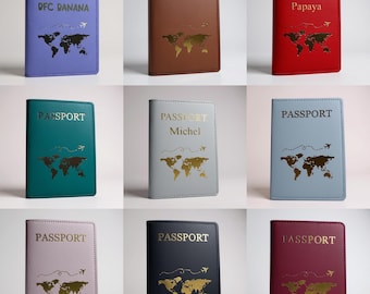 Protège‑passeport personnalisé en simili‑cuir – prénom doré – 5 polices – pochette cartes – cadeau voyage unique