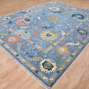 Blue Oushak rug 9X12 Hand knotted Oushak rug floral rug large size living room rugs kids room traditional wool Area rug runner size oushak R