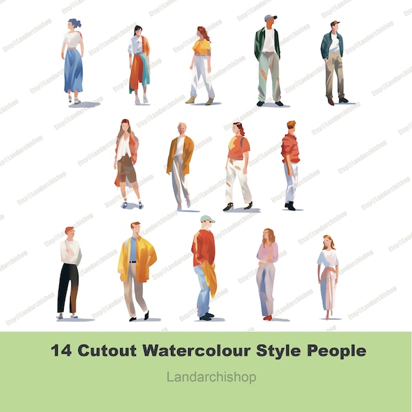 14 flat people cutout art watercolour style, clip art, Landscape architecture collage,Photoshop art.