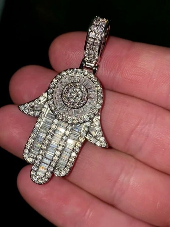 Hamsa Fully Iced Out Diamond Pendant Hip Hop Jewelry Men s