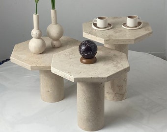 TRAVERTINE COFFEE TABLE, Set of 3, Marble Side Table, Natural Stone End Table, Contemporary Pedestal Table, Unique Coffee Table Set