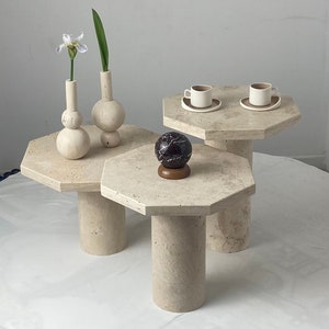 TRAVERTINE COFFEE TABLE, Set of 3, Marble Side Table, Natural Stone End Table, Contemporary Pedestal Table, Unique Coffee Table Set