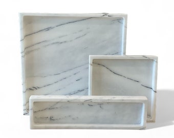 OTTOMAN DECOR TRAY - White Stone Marble Vanity Organizer Tray, Coffee Table Accent, Bathroom Organizer, Office Organizer, Sqaure Fruit Tray
