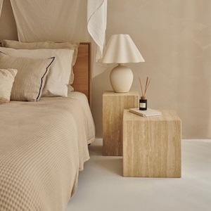 CUBE NIGHTSTAND TRAVERTINE, Natural Stone Cubic Side Table, Beige Travertine End Table, Plinth Table, Custom Size Natural Stone Marble Table
