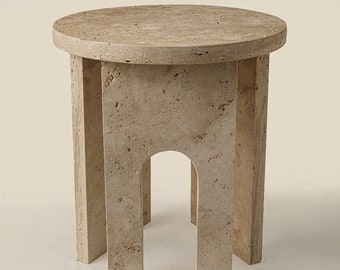 SIDE TABLE ROUND, Travertine Handmade Beige Round Side Table with U Leg, Living Room Furniture, Antique Interior Design End - Plinth Table