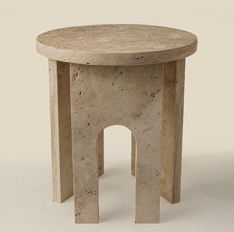 SIDE TABLE ROUND, Travertine Handmade Beige Round Side Table with U Leg, Living Room Furniture, Antique Interior Design End Plinth Table image 1