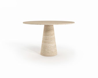 IDE BISTRO TABLE, Traverine Round Top Kitchen Table, Natural Stone Travertine Small Round Table with Single Funnel Leg, Custom Available