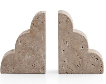 BOOKEND, Set of 2 TRAVERTINE MARBLE Book Holder- Handmade Cloud Style Natural Stone Bookend - Cream Beige Bookshelf Home Decor - Rustic