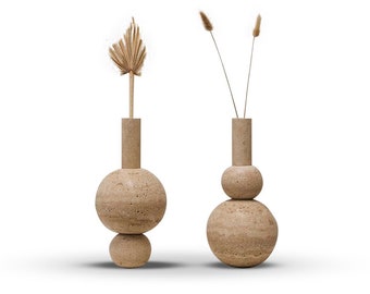 TRAVERTINE VASE SET of 2, Figurative Decorative Object, Centerpiece Vessel, Book Shelf Vessel Decor, Coffee Table Decor, Console Decor