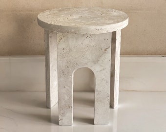 SIDE TABLE ROUND, Travertine Handmade Beige Round Side Table with U Leg, Living Room Furniture, Antique Interior Design End - Plinth Table