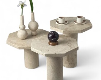TRAVERTINE COFFEE TABLE, Set of 3, Marble Side Table, Natural Stone End Table, Contemporary Pedestal Table, Unique Coffee Table Set