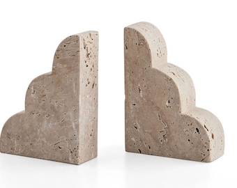 BOOKEND, Set of 2 TRAVERTINE MARBLE Book Holder- Handmade Cloud Style Natural Stone Bookend - Cream Beige Bookshelf Home Decor - Rustic