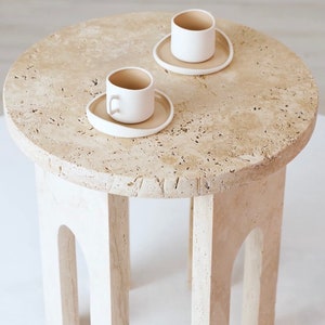 SIDE TABLE ROUND, Travertine Handmade Beige Round Side Table with U Leg, Living Room Furniture, Antique Interior Design End Plinth Table image 3