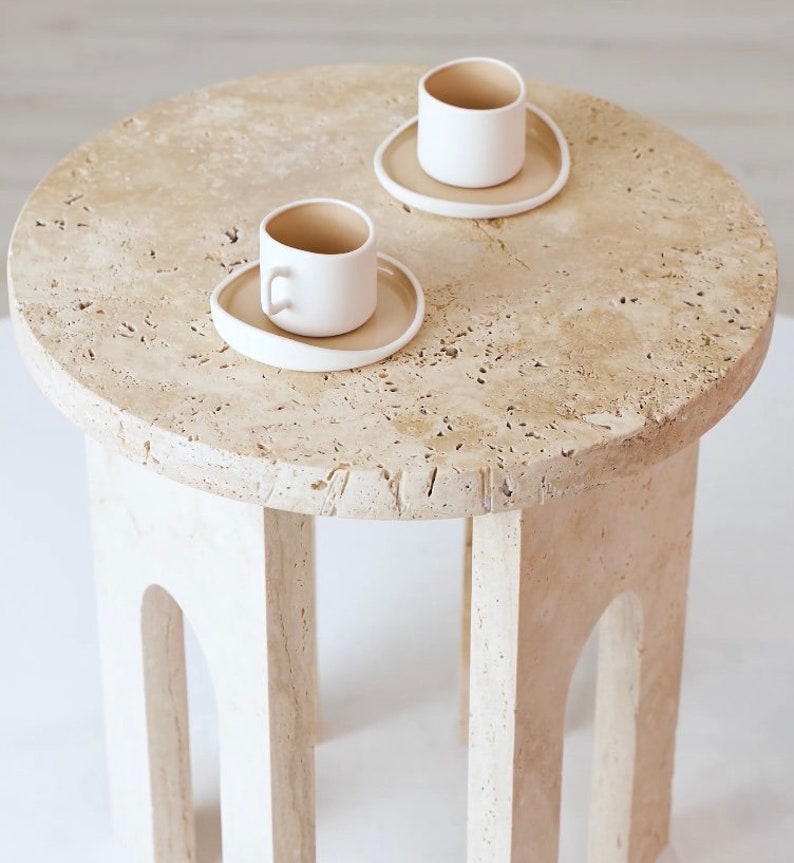 SIDE TABLE ROUND, Travertine Handmade Beige Round Side Table with U Leg, Living Room Furniture, Antique Interior Design End Plinth Table image 3