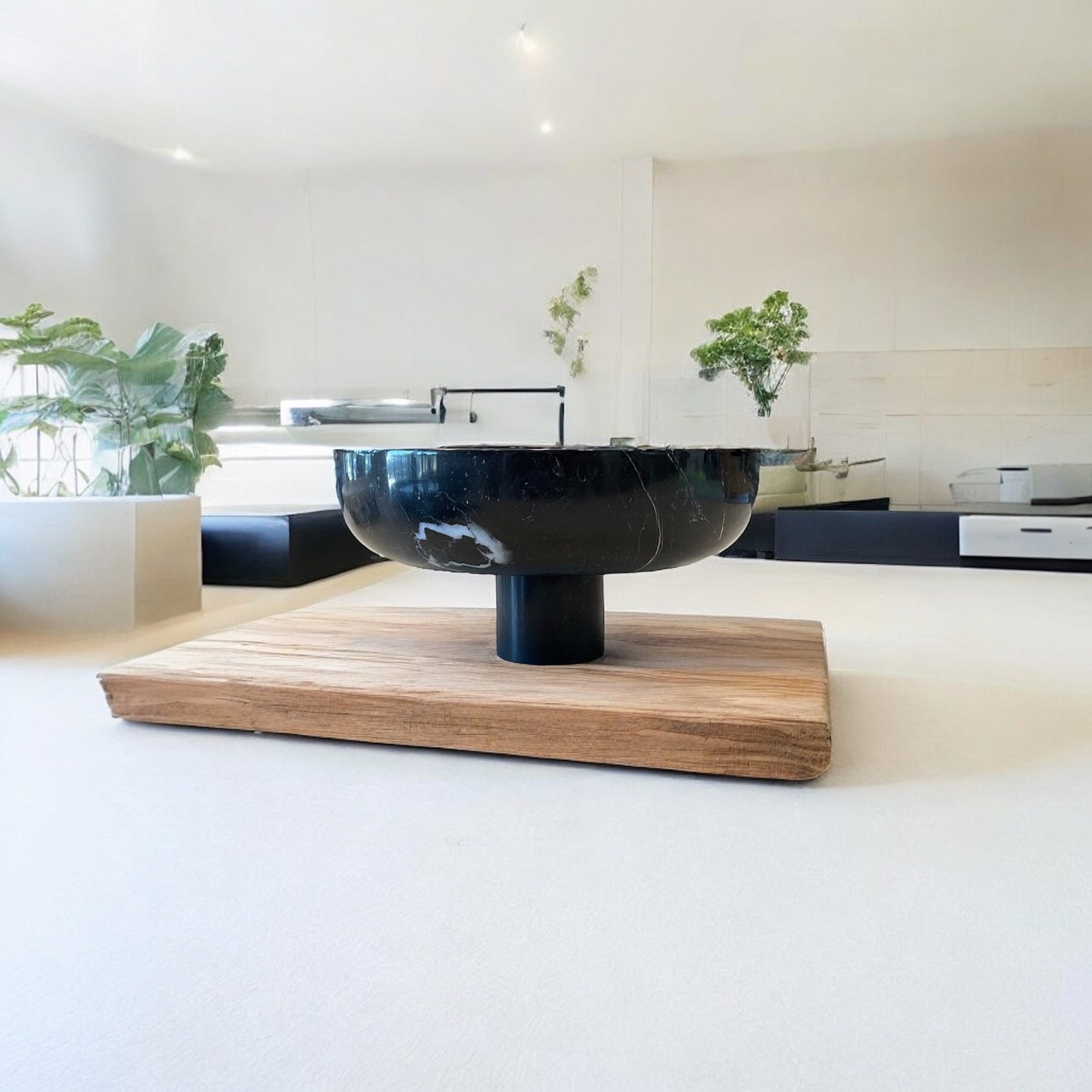 PEDESTAL BOWL - 12" - Black MARBLE Decorative Standing Bowl - Perfect