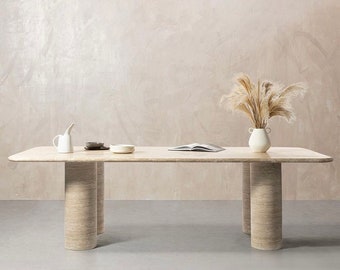 DINING TABLE TRAVERTINE, Rectangular Large Marble Dining Table seats 4 up to 10, Natural Stone Beige Travertine Dining Table