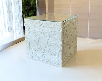 SELJUK Cube Side Table with Tempered Glass Top - Beige Travertine | 40x40 cm (16x16 inc)
