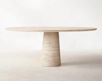ISLAND DINING TABLE - Travertine - Natural Stone Travertine Round Dining Table with Single Funnel Leg, Custom Size Orders Available