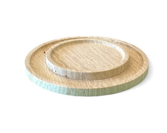 ROUND PLATE - 12” - TRAVERTINE  - Beige Stone Round Concrete Tray, Catchall, Vanity Tray, Kitchen Tray, Decorative Plate, Desk Organizer