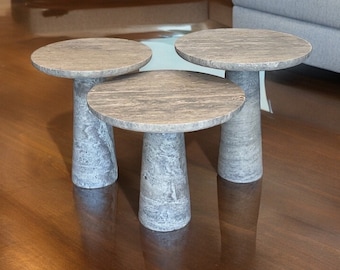 IDE TRAVERTINE Side Tables: Silver Round Travertine Stone - Use as side, end, patio, accent tables, or nightstands. Combine for coffee table