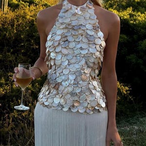 Women's White Fringed Shell-Embellished Satin Maxi Dress