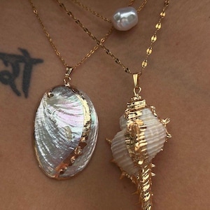 Collar de conchas bañado en oro: abulón, caracola o perla - Joyería de playa