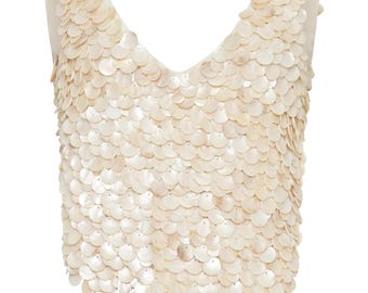mermaid top, mother of pearl trending top tiktok , women outfit, beaded top, beach luxe pearl top handmade shells Shell Halt top top wedding