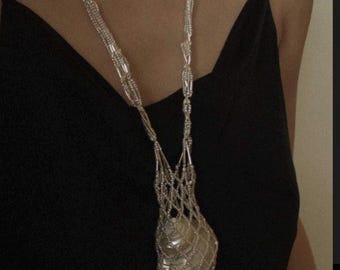Beaded mesh necklace Seashell Summer Beach Gold Jewelry Shell Abalone Conch Pearl Siren Mermaid Hippie Necklace Chain Gift for Her