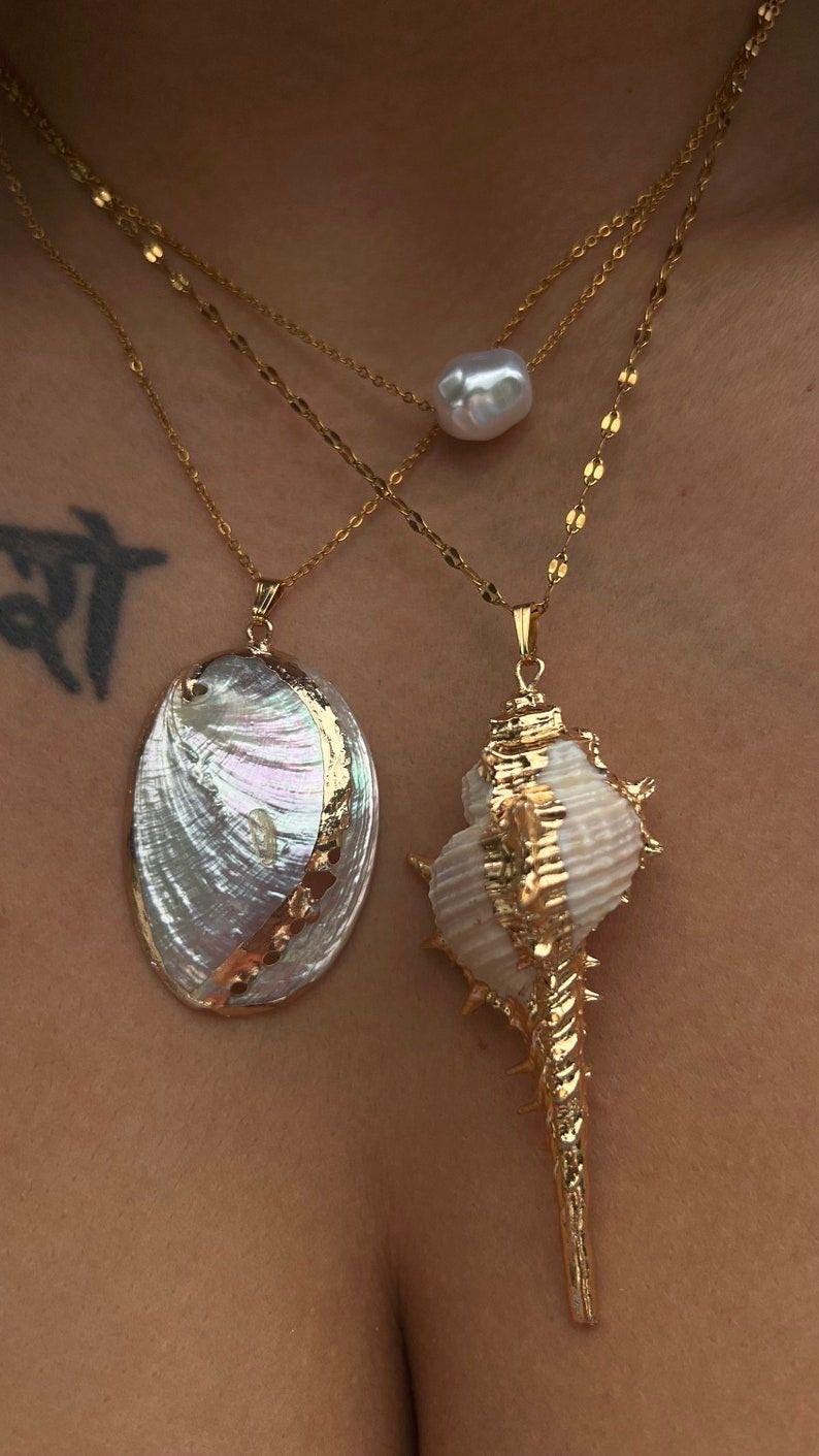 Seashell Summer Beach Gold Jewelry Shell Abalone Conch Pearl Siren Mermaid Hippie Necklace Chain Gift for Her