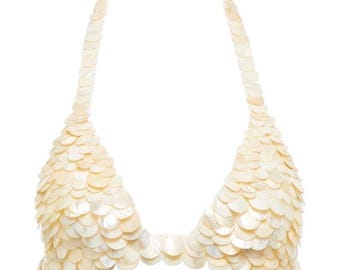 Mother of Pearl Top: Seashell Beaded Halter, Mermaid Costume