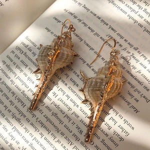 Puede incluir: Pendientes de concha con detalles dorados. Los pendientes presentan una forma natural de concha, realzada con metal dorado. Se muestran sobre un libro abierto.