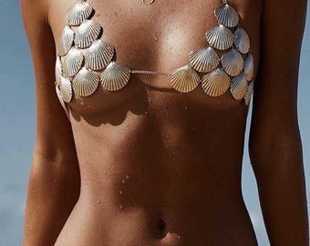 Top de bikini de concha: color plateado para mujer, top de verano para playa.