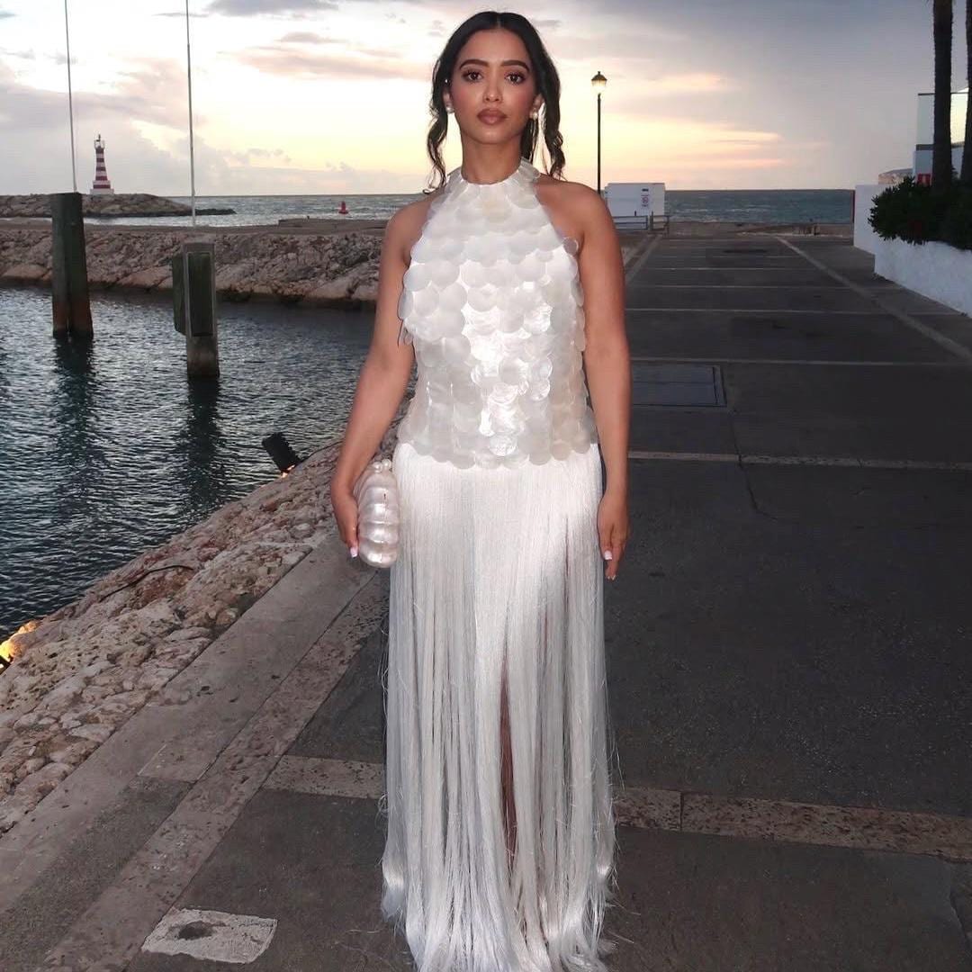 layering shell dress Halter Neck Women's Fringed- Embellished Satin Maxi WRS26
