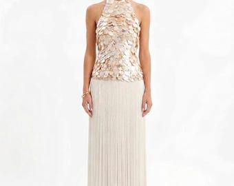 Women's White Fringed Shell-Embellished Satin Maxi Dress