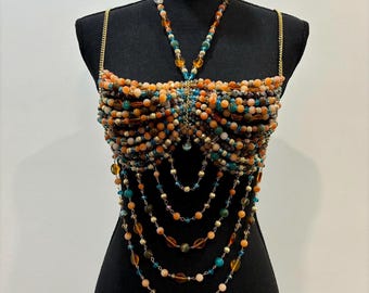 Mix Gemstone Beaded top: Handmade beaded Body Chain, Christmas bralette