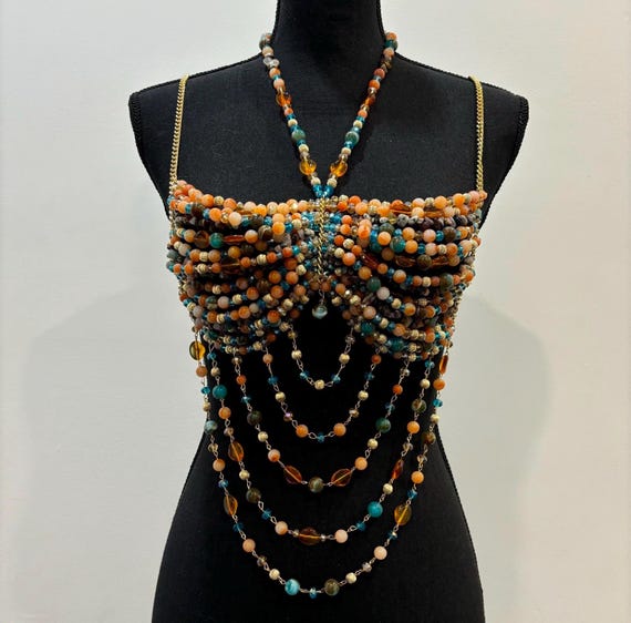Mix Gemstone Beaded top: Handmade beaded Body Chain, Christmas bralette