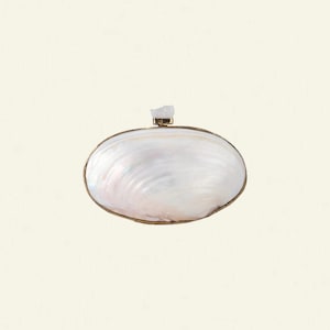 May include: An oval, white mother-of-pearl clutch with a gold-coloured metal frame. A small, irregular, white stone is attached to the top. The clutch has a pearlescent sheen and a natural, organic aesthetic.