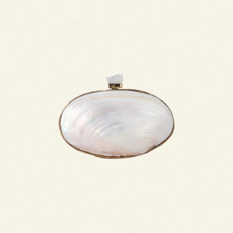 May include: An oval, white mother-of-pearl clutch with a gold-coloured metal frame. A small, irregular, white stone is attached to the top. The clutch has a pearlescent sheen and a natural, organic aesthetic.