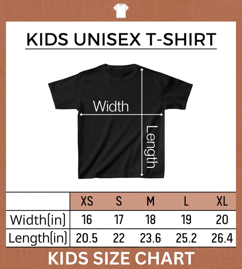 Op de afbeelding: Kinder unisex t-shirt maattabel met breedte- en lengtemaat in inches voor maten XS, S, M, L en XL.