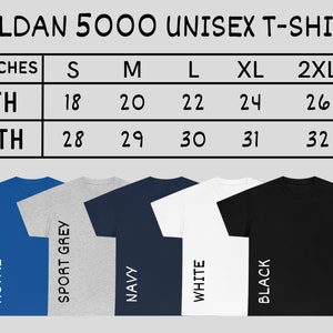 May include: Size chart for Gildan 5000 unisex t-shirts in sizes S-3XL. The chart shows width and length measurements in inches. Five t-shirts are shown in the colours royal blue, sport grey, navy, white, and black.