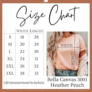 Op de afbeelding: Maattabel voor Bella Canvas 3001 T-shirts in de kleur Heather Peach. De tabel toont de breedte en lengte in inches voor de maten S, M, L, XL, 2XL en 3XL.