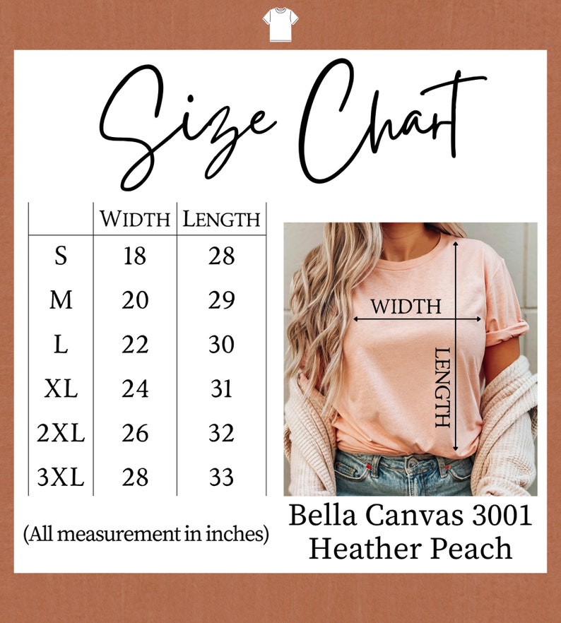 Op de afbeelding: Maattabel voor Bella Canvas 3001 T-shirts in de kleur Heather Peach. De tabel toont de breedte en lengte in inches voor de maten S, M, L, XL, 2XL en 3XL.