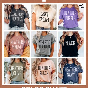Op de afbeelding: Kleurenkaart met negen verschillende T-shirt kleuren: donker grijs melange, zachte cr&egrave;me, heide paars, heide mauve, atletisch grijs melange, zwart, heide olijf, heide perzik en heide marine.