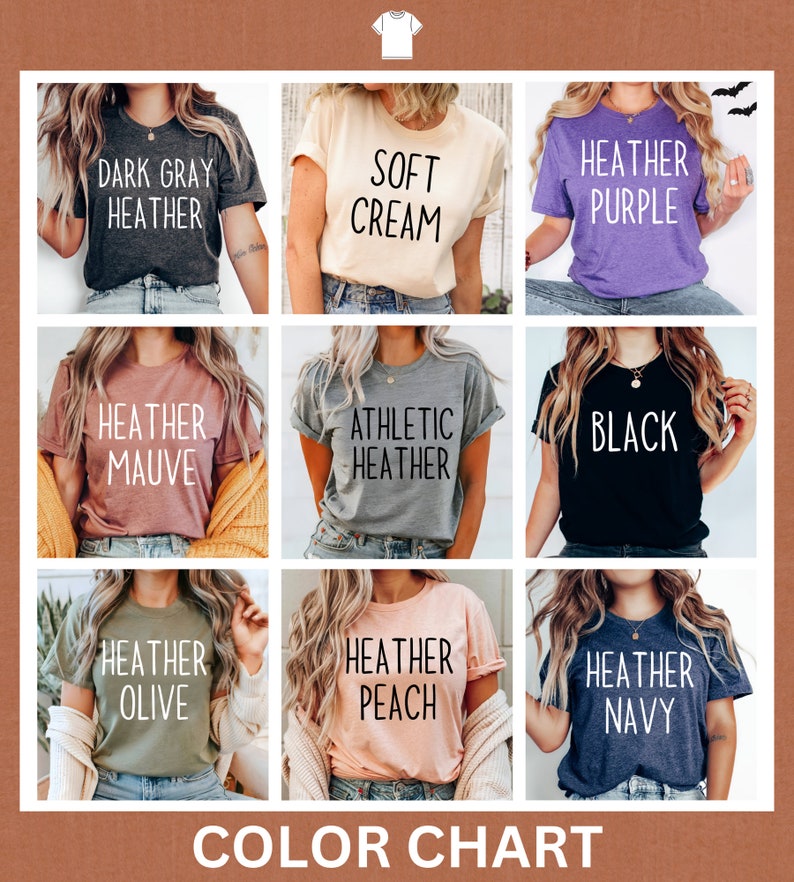 Op de afbeelding: Kleurenkaart met negen verschillende T-shirt kleuren: donker grijs melange, zachte cr&egrave;me, heide paars, heide mauve, atletisch grijs melange, zwart, heide olijf, heide perzik en heide marine.